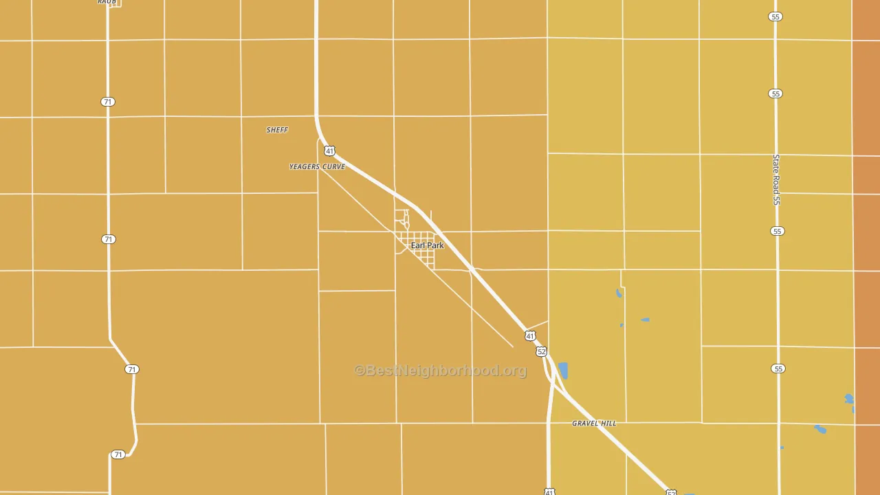 Map of the best neighborhoods in the Earl Park area, with better matches in green and worse matches in red