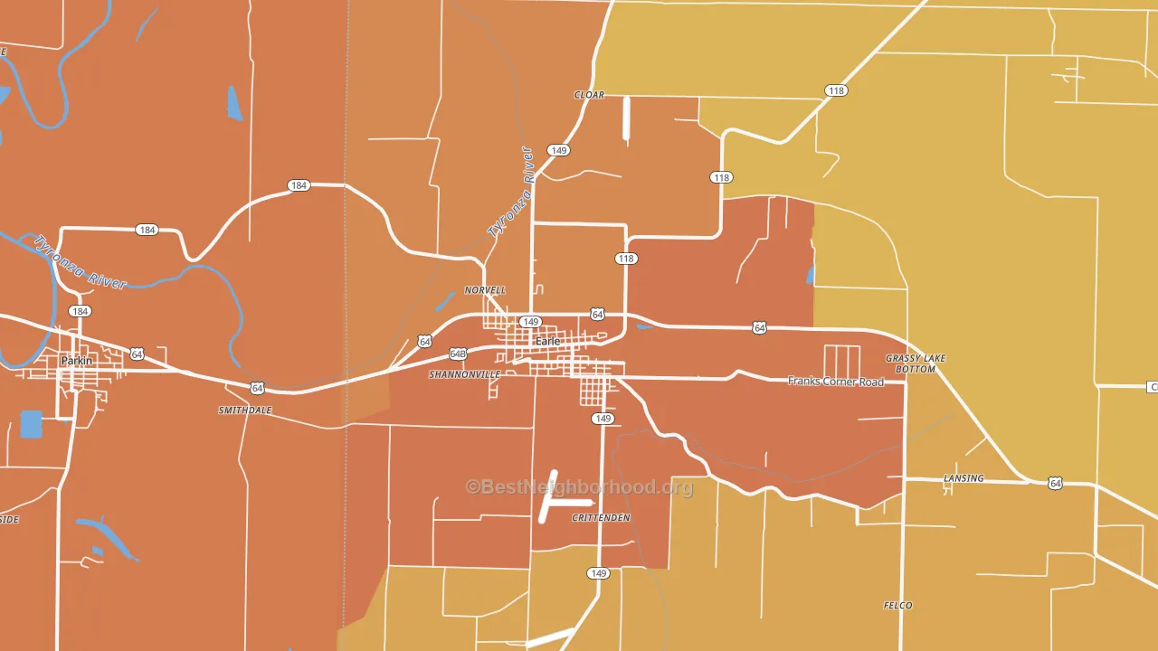 Map of the best neighborhoods in the Earle area, with better matches in green and worse matches in red