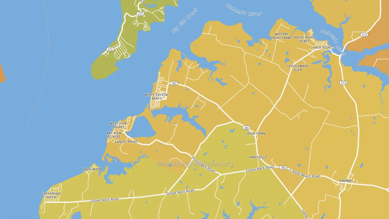 Map of the best neighborhoods in the Earleville area, with better matches in green and worse matches in red