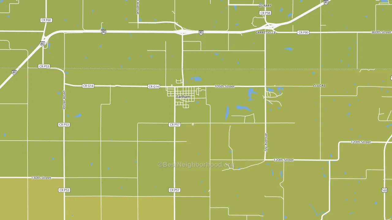 Map of the best neighborhoods in the Earlham area, with better matches in green and worse matches in red