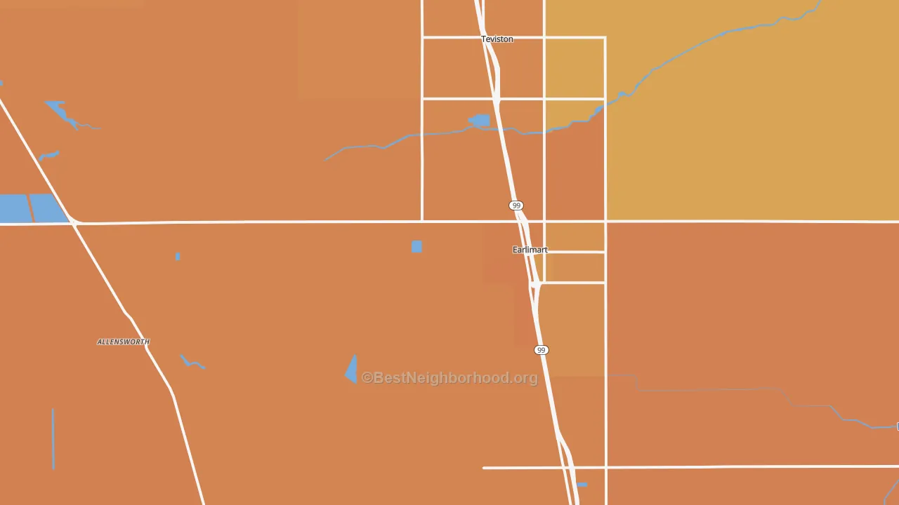 Map of the best neighborhoods in the Earlimart area, with better matches in green and worse matches in red