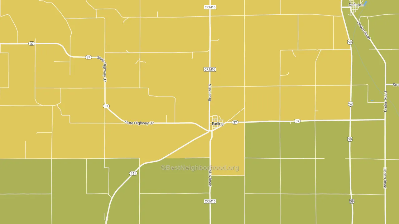Map of the best neighborhoods in the Earling area, with better matches in green and worse matches in red