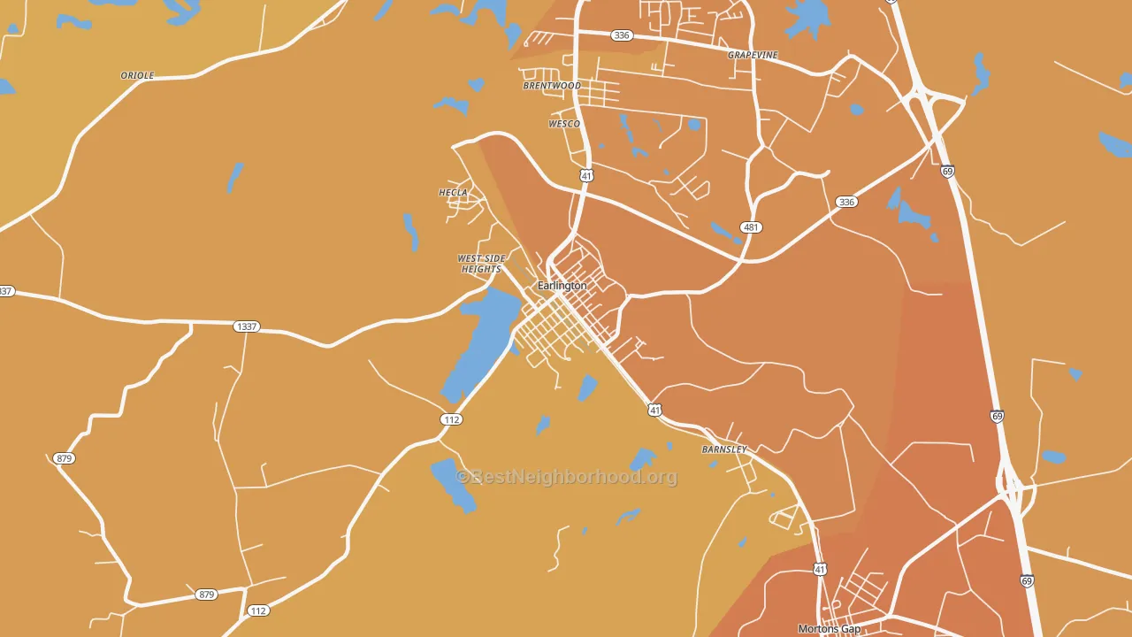 Map of the best neighborhoods in the Earlington area, with better matches in green and worse matches in red