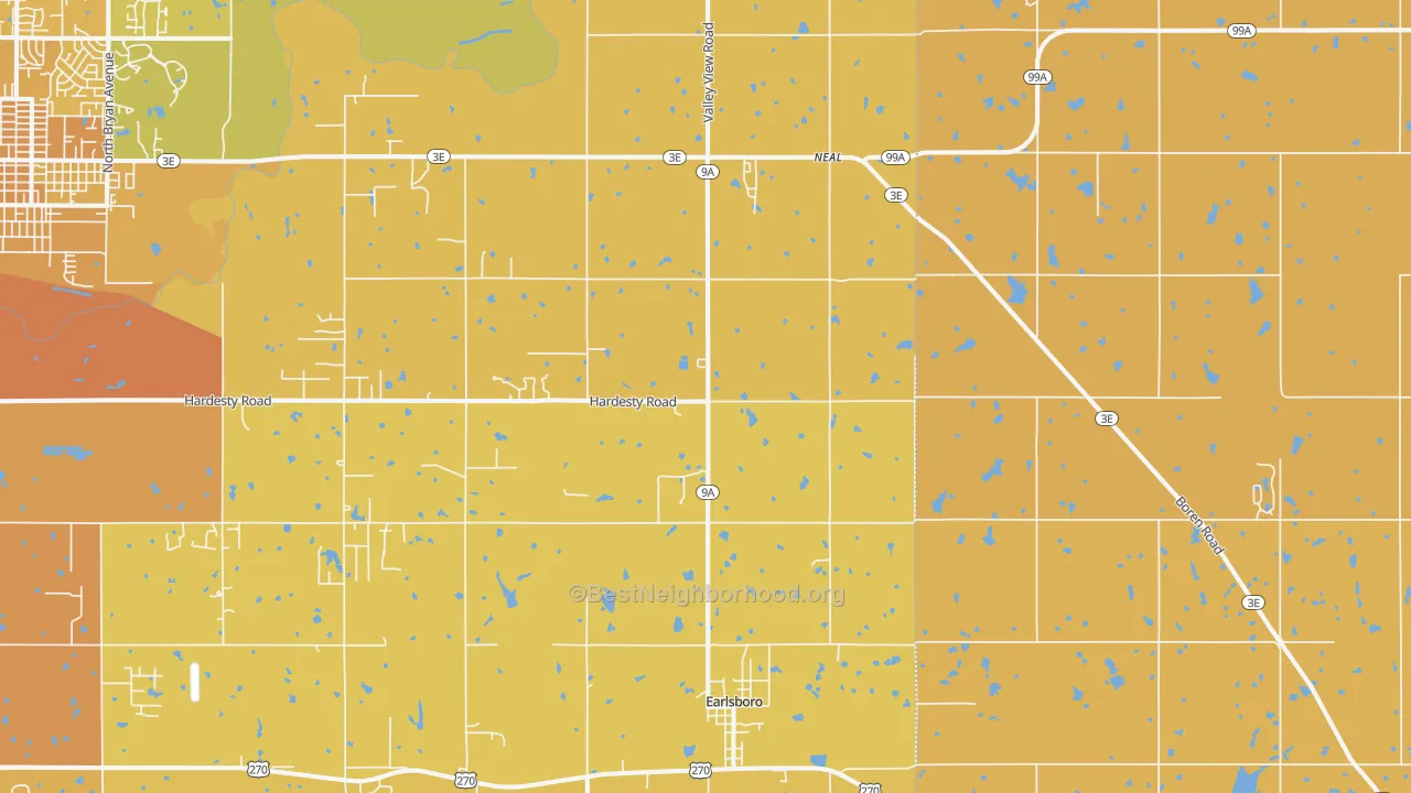 Map of the best neighborhoods in the Earlsboro area, with better matches in green and worse matches in red