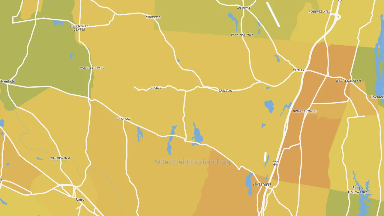 Map of the best neighborhoods in the Earlton area, with better matches in green and worse matches in red