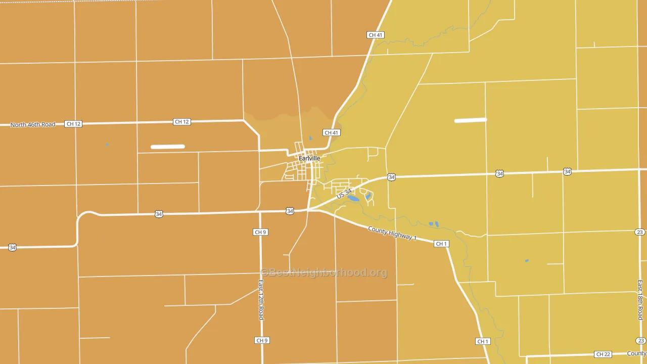 Map of the best neighborhoods in the Earlville area, with better matches in green and worse matches in red
