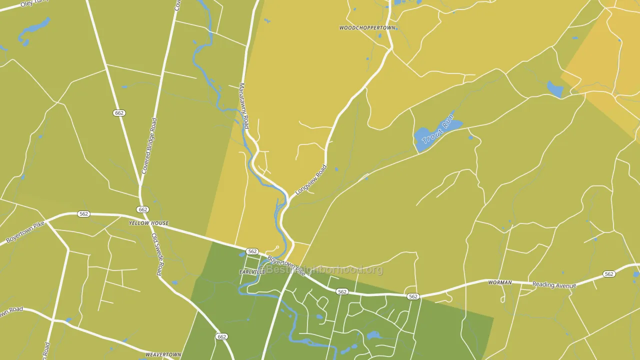 Map of the best neighborhoods in the Earlville area, with better matches in green and worse matches in red