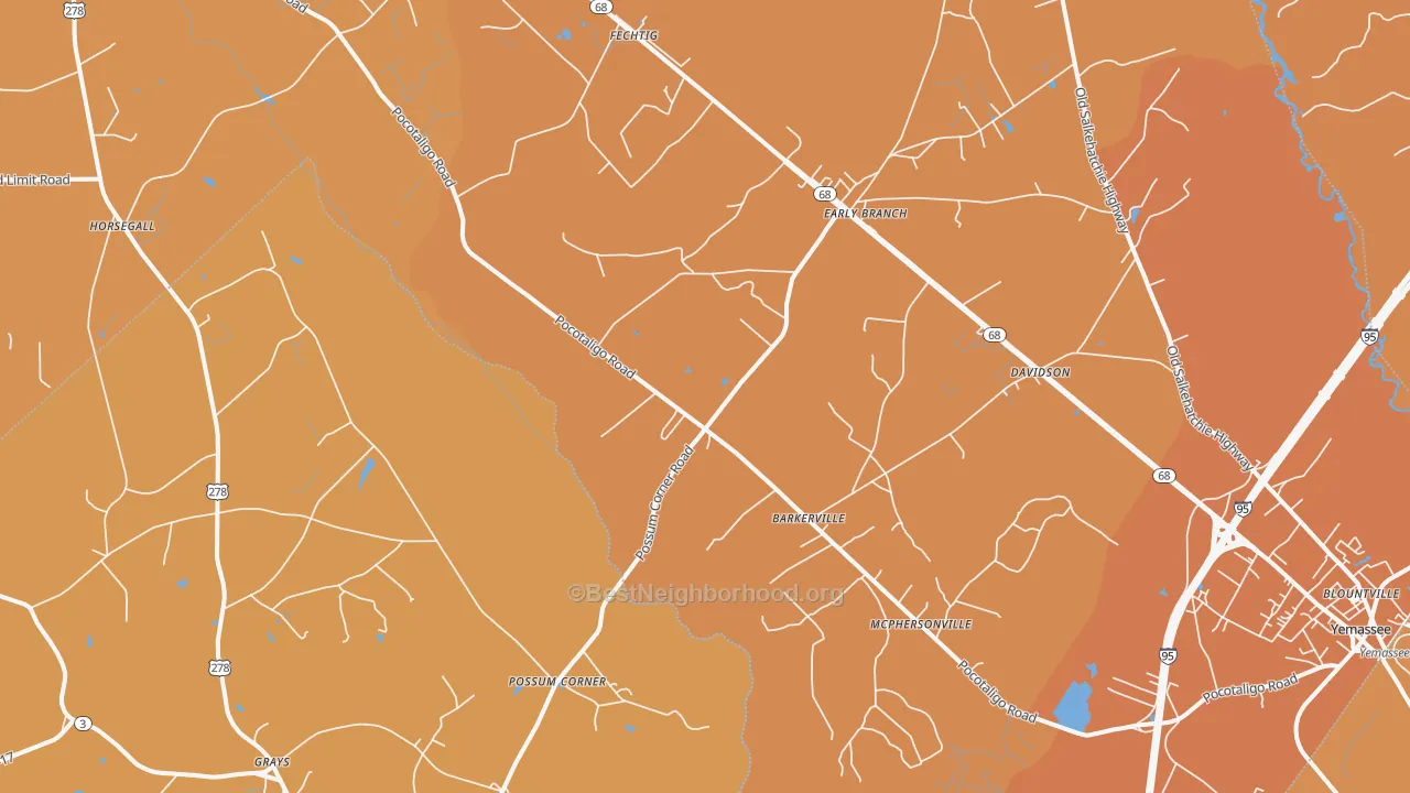 Map of the best neighborhoods in the Early Branch area, with better matches in green and worse matches in red