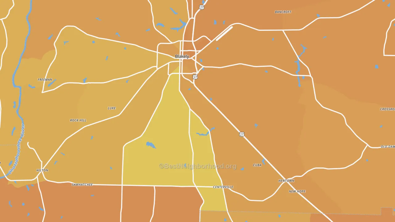 Map of the best neighborhoods in the Early County area, with better matches in green and worse matches in red