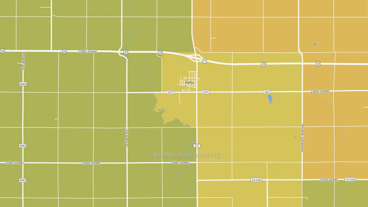 Map of the best neighborhoods in the Early area, with better matches in green and worse matches in red