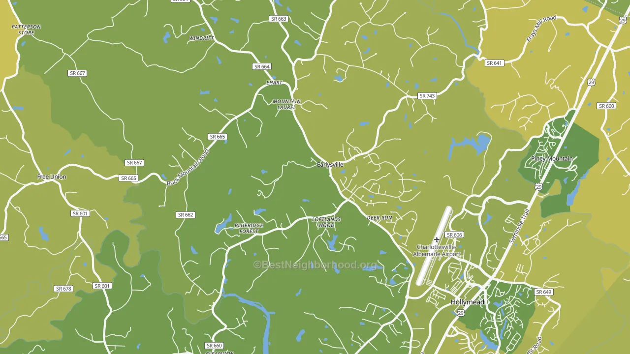 Map of the best neighborhoods in the Earlysville area, with better matches in green and worse matches in red