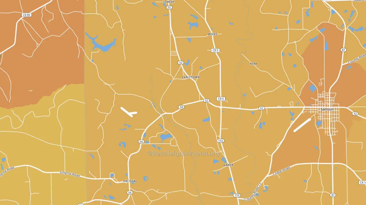 Map of the best neighborhoods in the Earlytown area, with better matches in green and worse matches in red