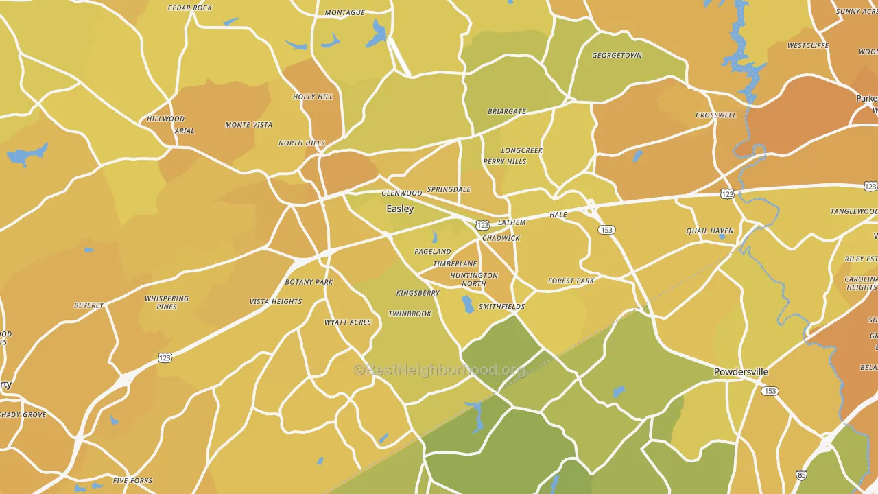 Map of the best neighborhoods in the Easley area, with better matches in green and worse matches in red