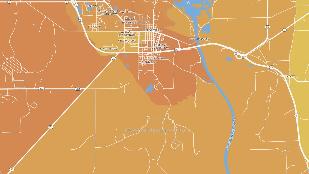 Map of the best neighborhoods in the East Aberdeen area, with better matches in green and worse matches in red