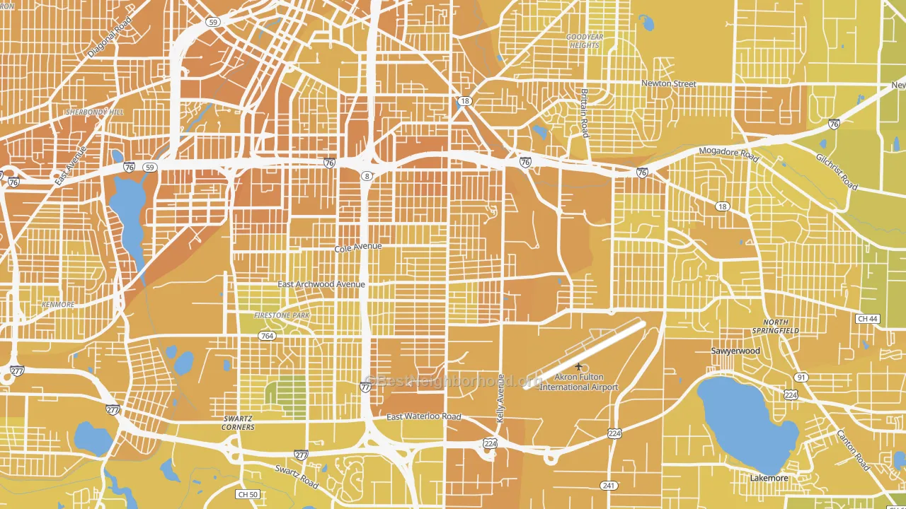 Map of the best neighborhoods in the East Akron, Akron area, with better matches in green and worse matches in red