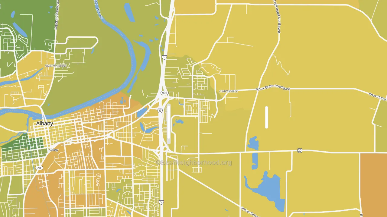 Map of the best neighborhoods in the East Albany, Albany area, with better matches in green and worse matches in red