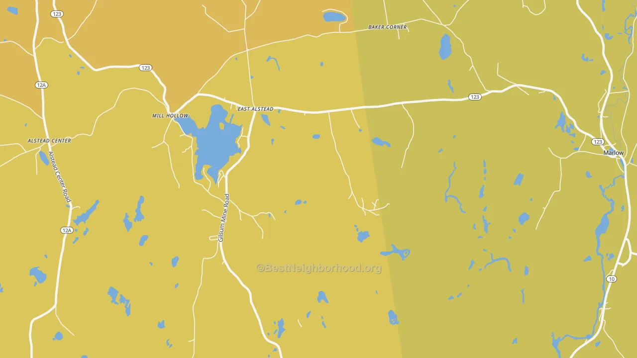 Map of the best neighborhoods in the East Alstead area, with better matches in green and worse matches in red