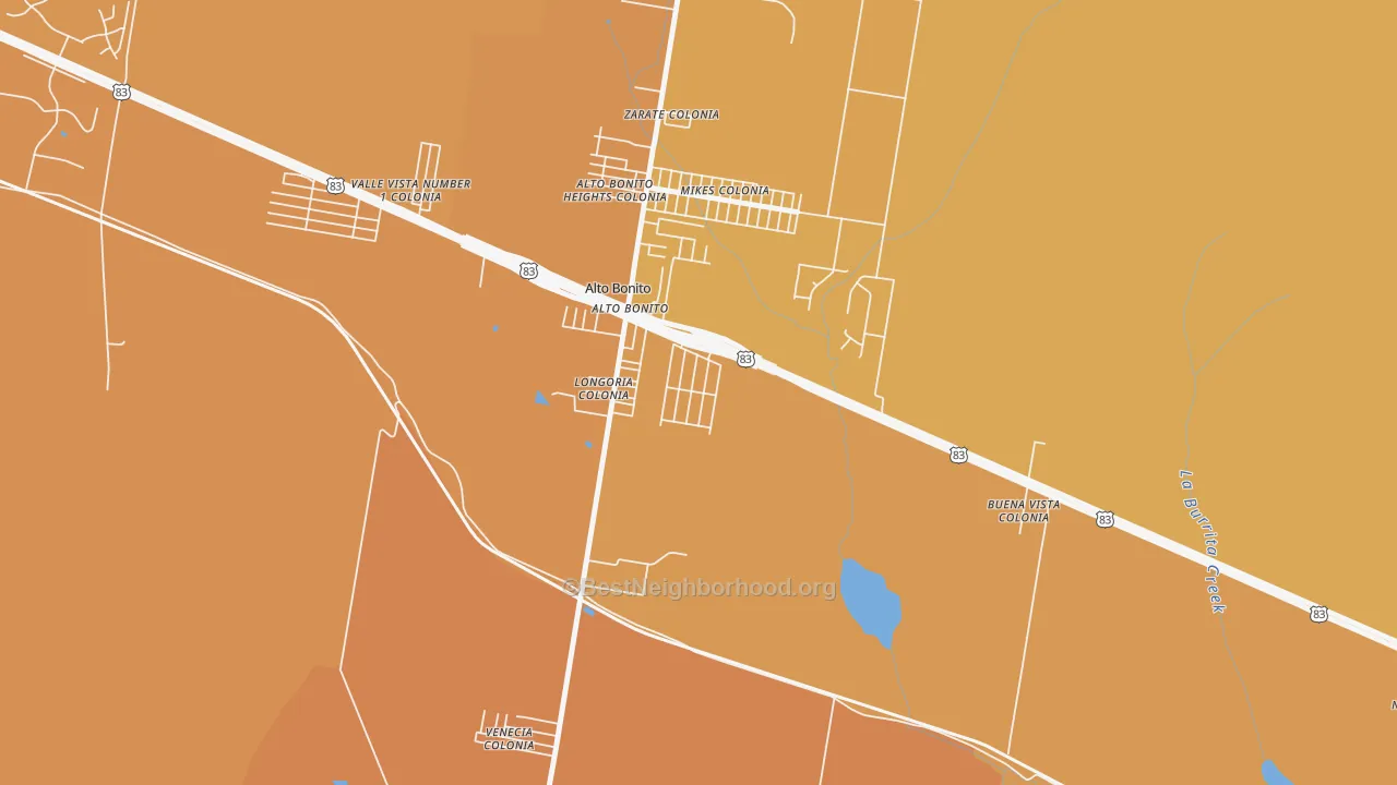 Map of the best neighborhoods in the East Alto Bonito area, with better matches in green and worse matches in red