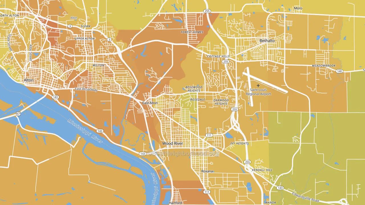 Map of the best neighborhoods in the East Alton area, with better matches in green and worse matches in red
