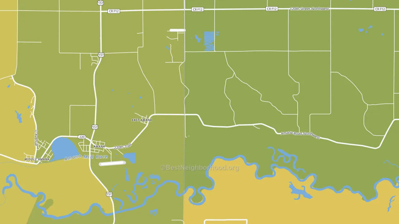 Map of the best neighborhoods in the East Amana area, with better matches in green and worse matches in red
