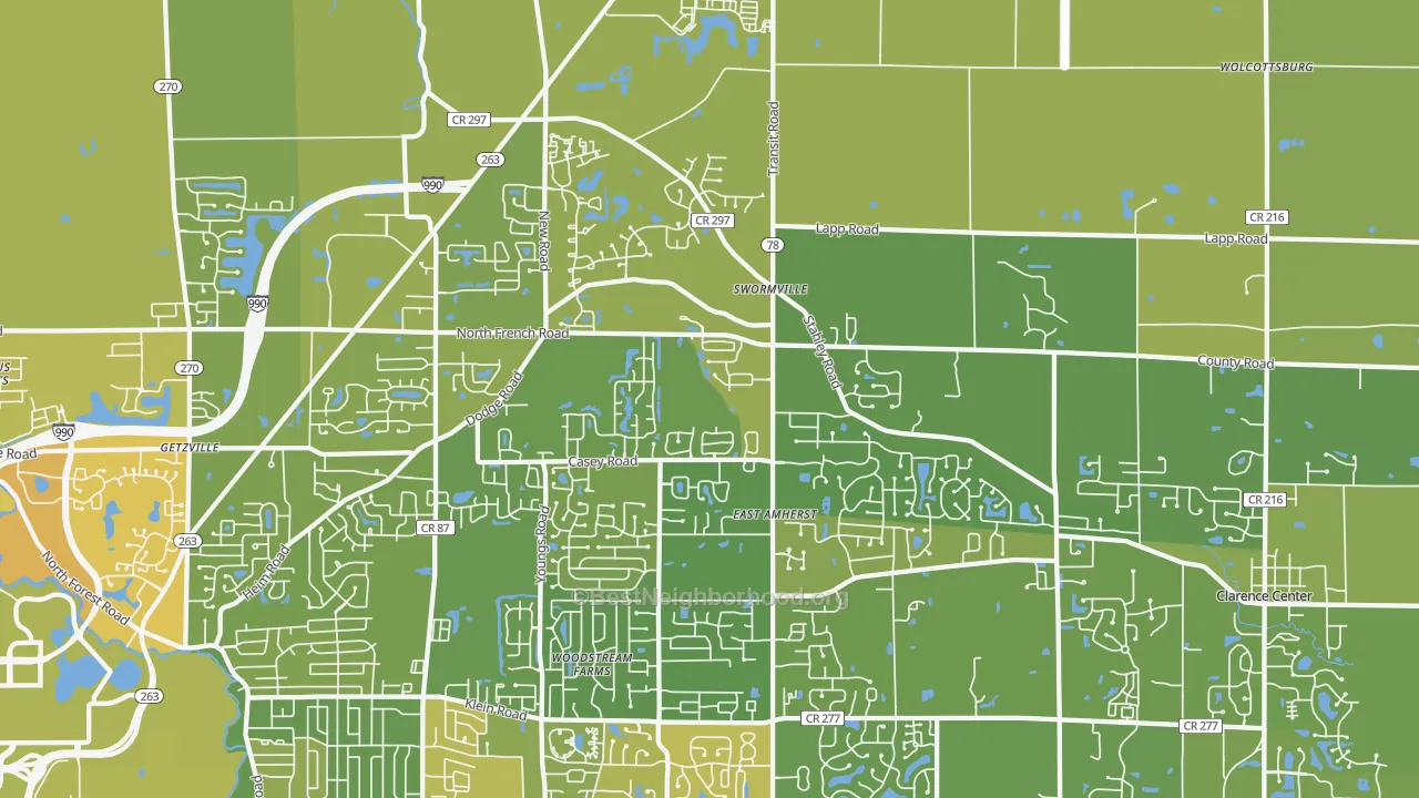Map of the best neighborhoods in the East Amherst area, with better matches in green and worse matches in red