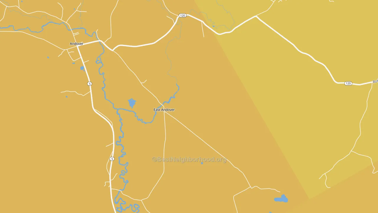 Map of the best neighborhoods in the East Andover area, with better matches in green and worse matches in red