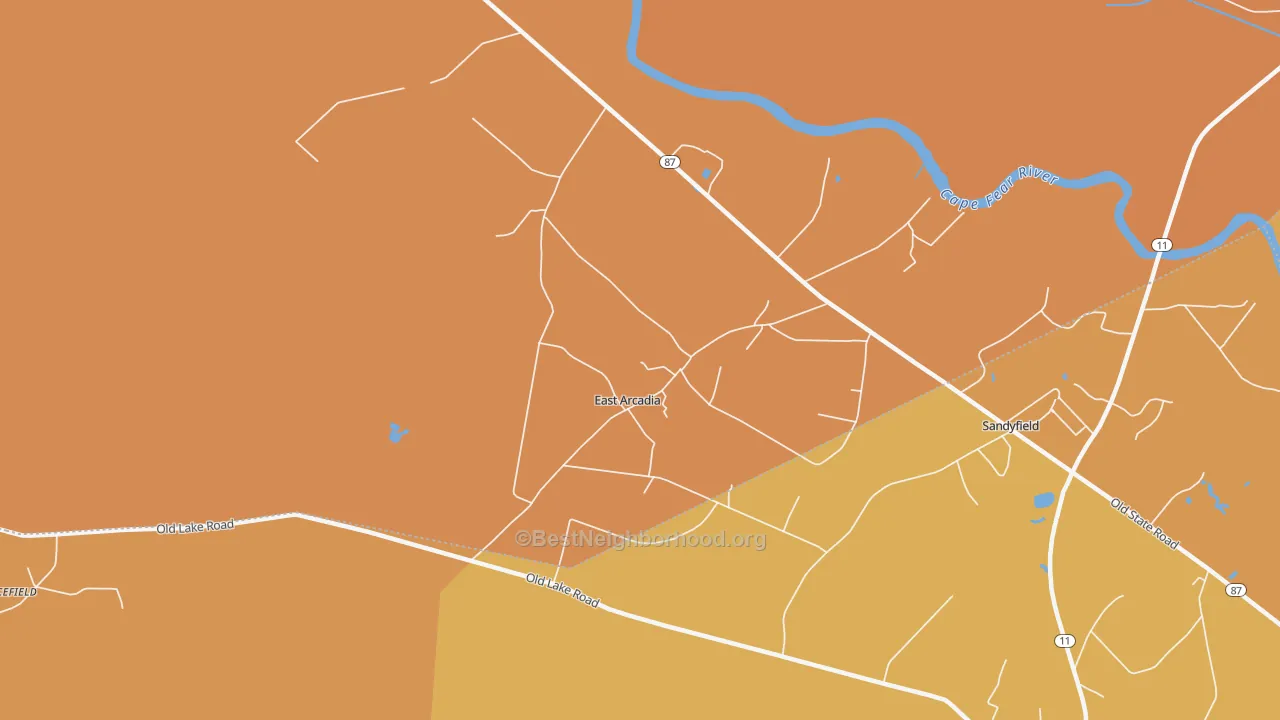 Map of the best neighborhoods in the East Arcadia area, with better matches in green and worse matches in red