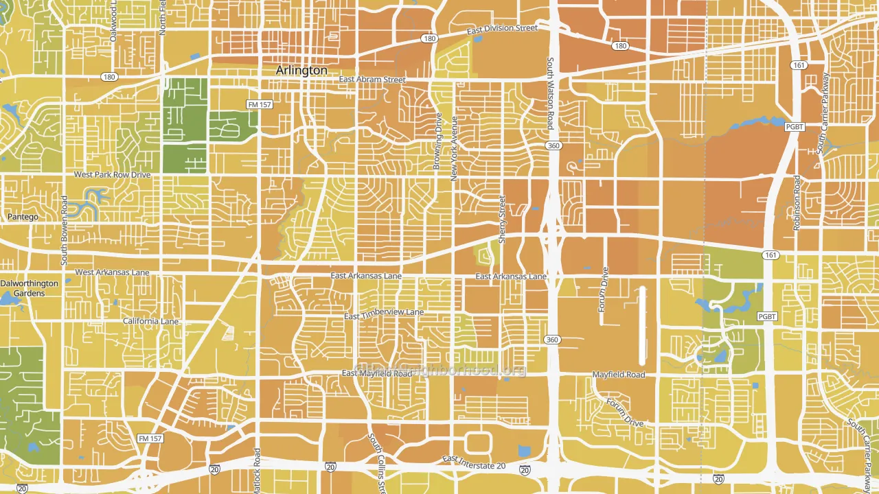 Map of the best neighborhoods in the East Arlington, Arlington area, with better matches in green and worse matches in red