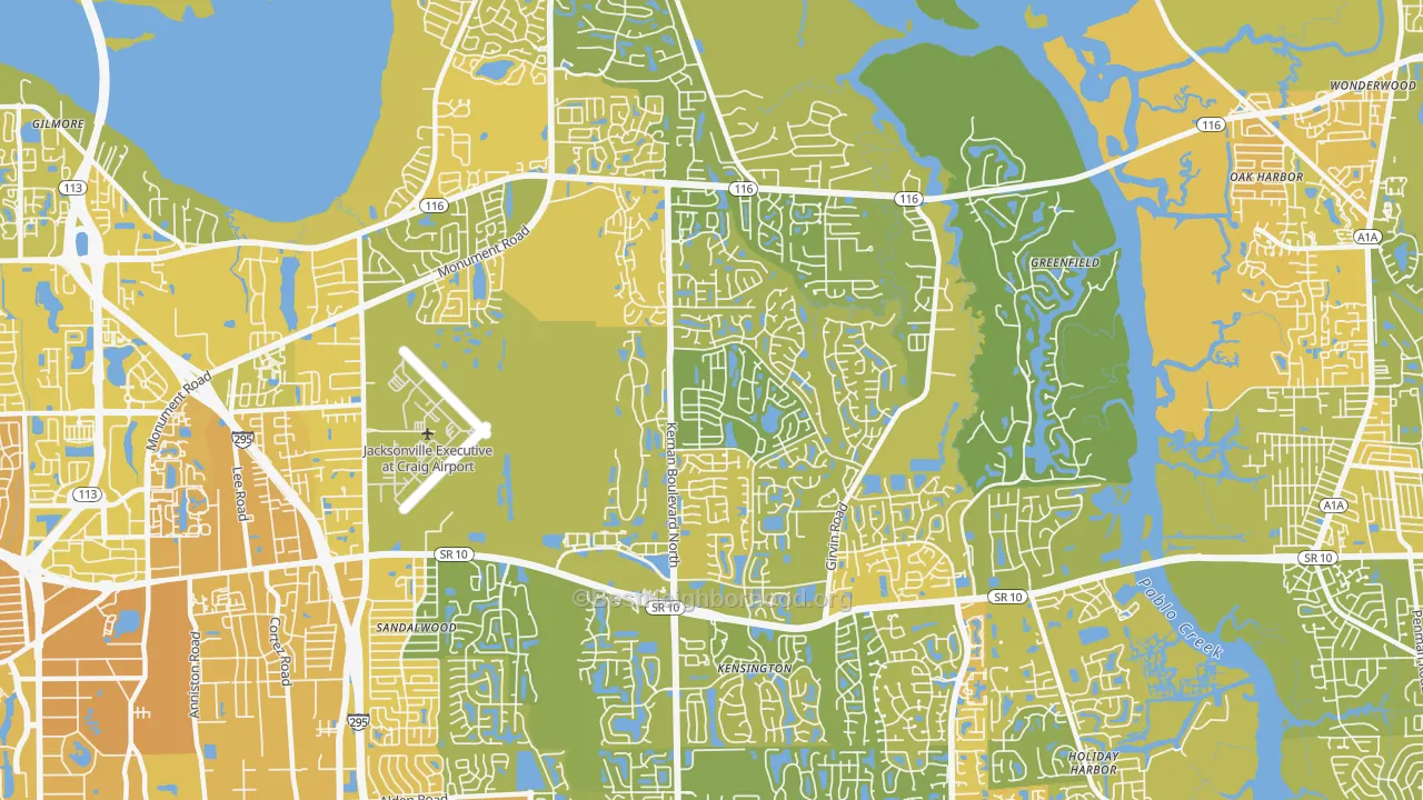 Map of the best neighborhoods in the East Arlington, Jacksonville area, with better matches in green and worse matches in red