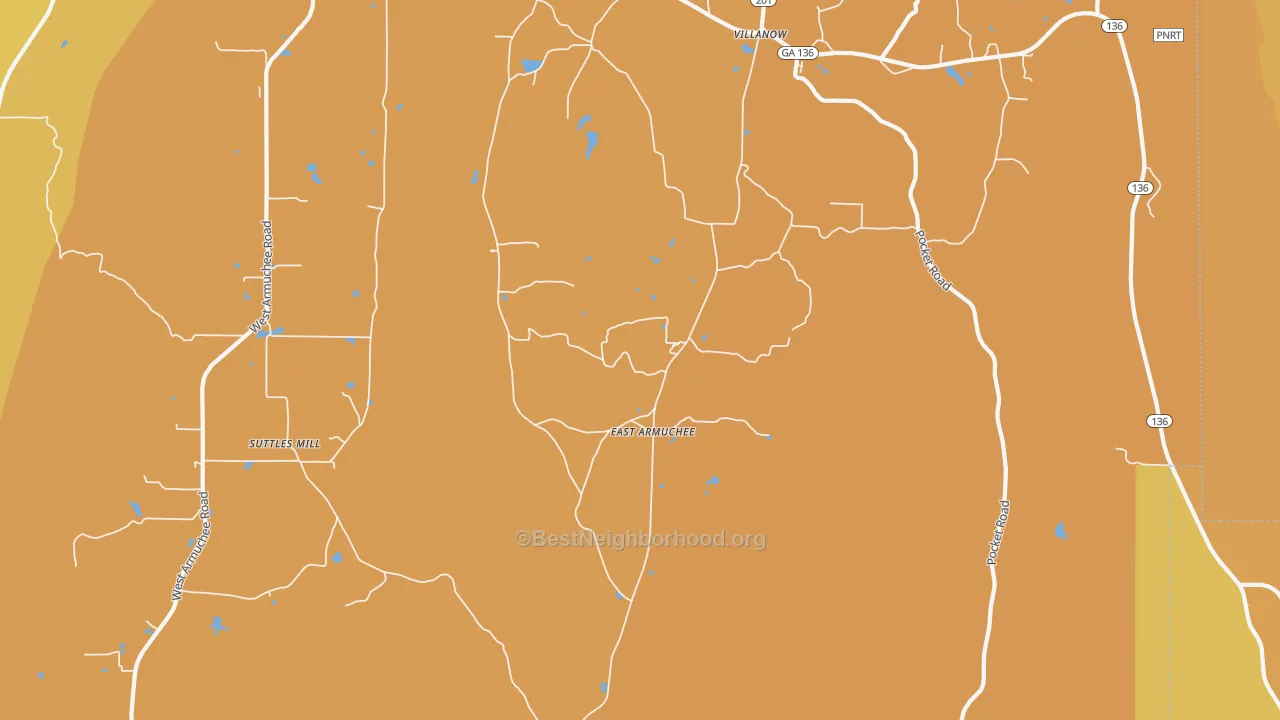 Map of the best neighborhoods in the East Armuchee area, with better matches in green and worse matches in red