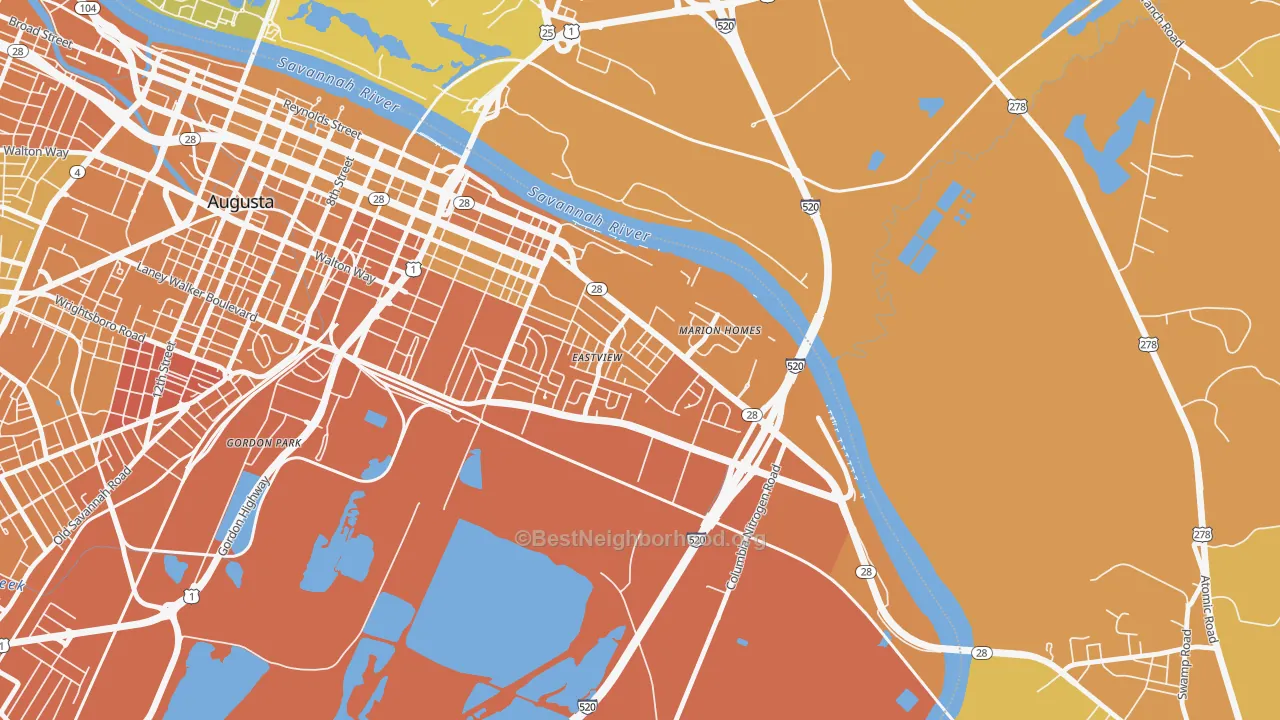 Map of the best neighborhoods in the East Augusta, Augusta area, with better matches in green and worse matches in red