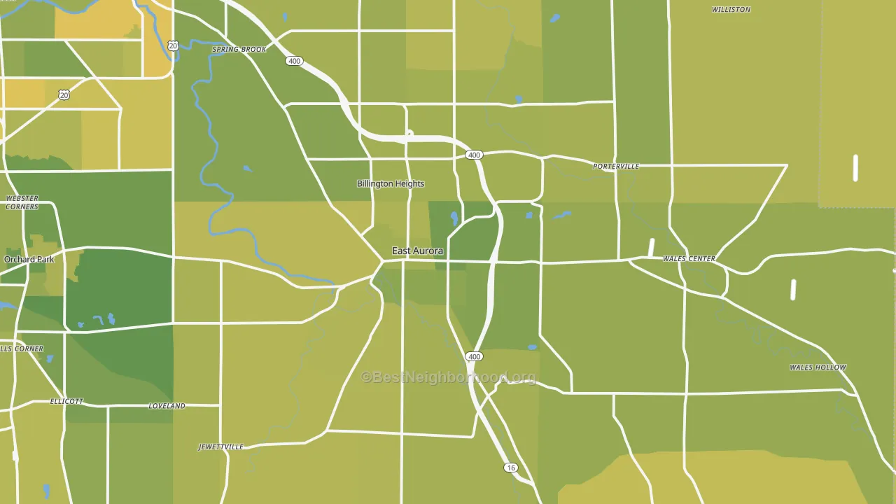 Map of the best neighborhoods in the East Aurora area, with better matches in green and worse matches in red