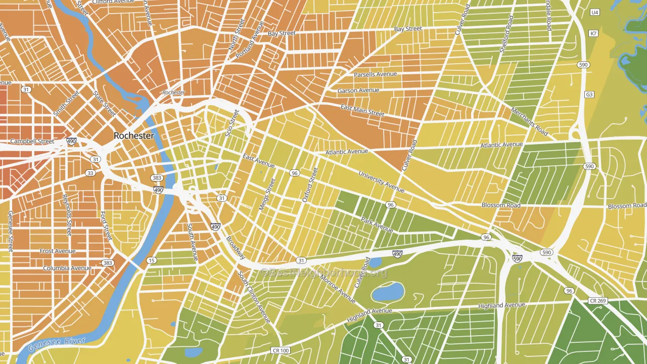 Map of the best neighborhoods in the East Avenue, Rochester area, with better matches in green and worse matches in red