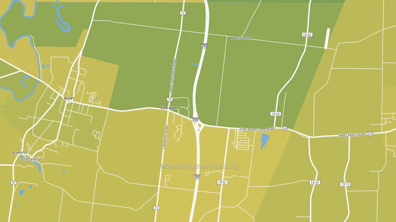 Map of the best neighborhoods in the East Avon area, with better matches in green and worse matches in red