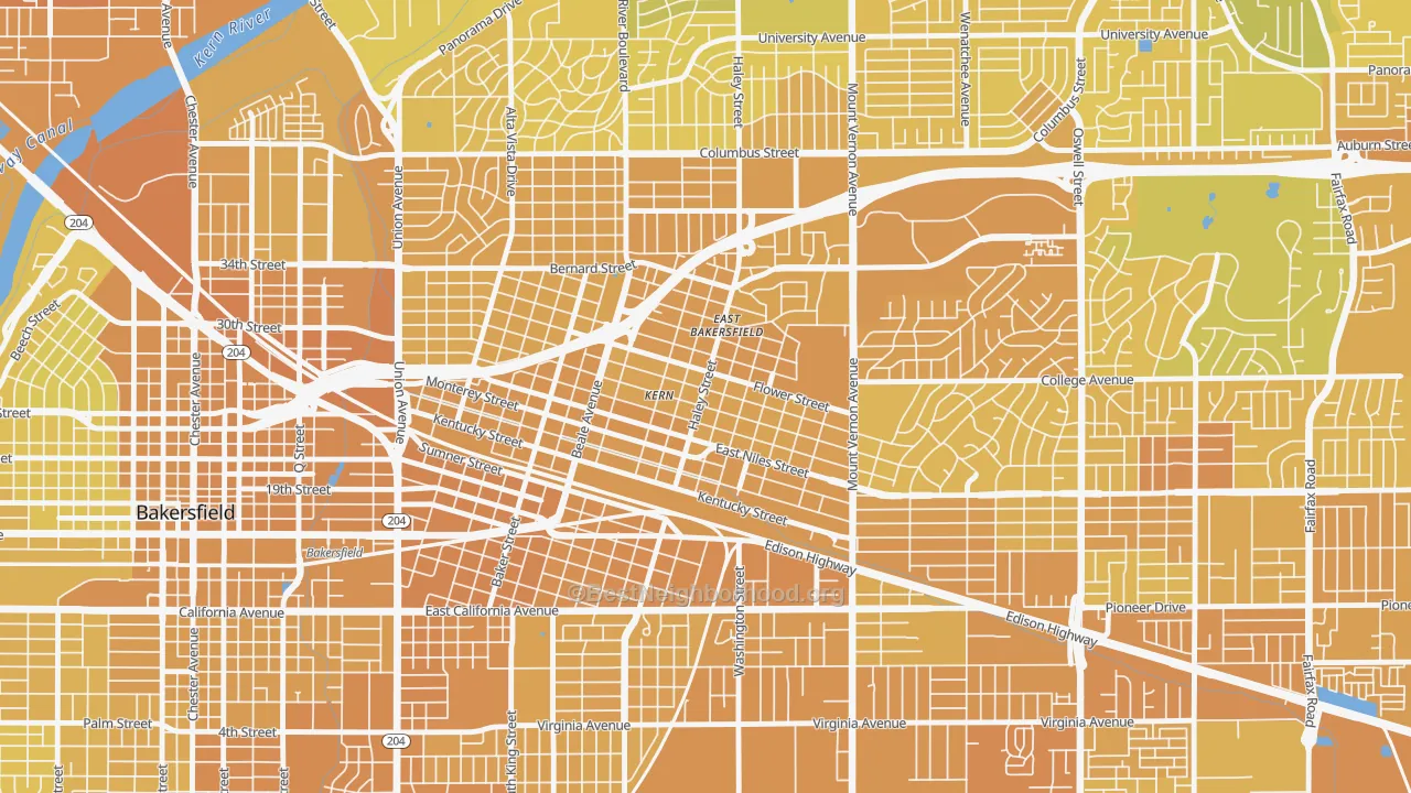 Map of the best neighborhoods in the East Bakersfield, Bakersfield area, with better matches in green and worse matches in red