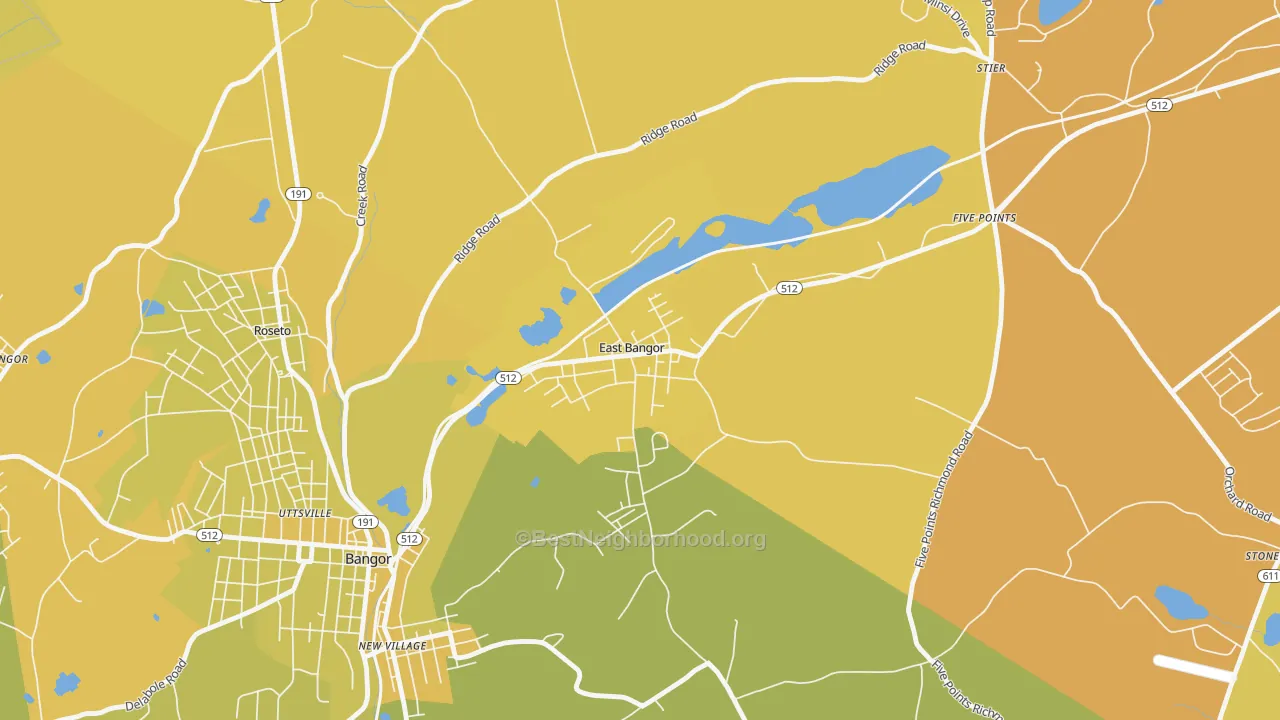 Map of the best neighborhoods in the East Bangor area, with better matches in green and worse matches in red