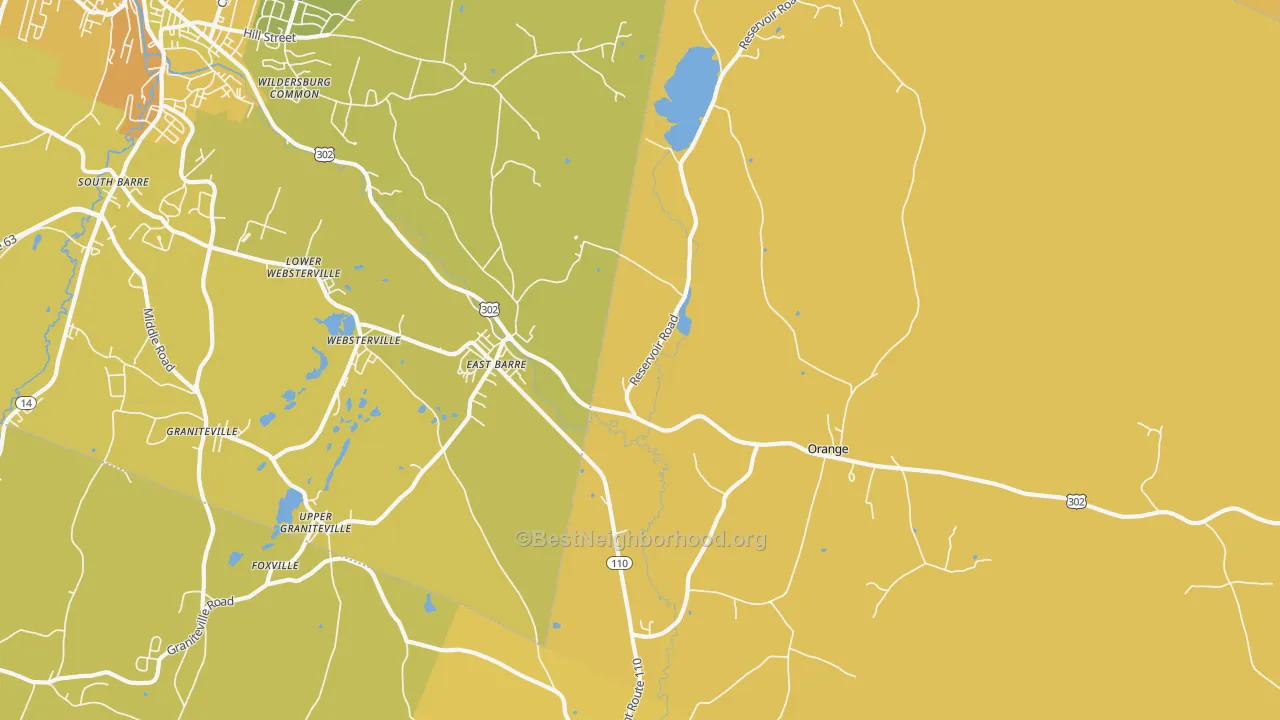 Map of the best neighborhoods in the East Barre area, with better matches in green and worse matches in red