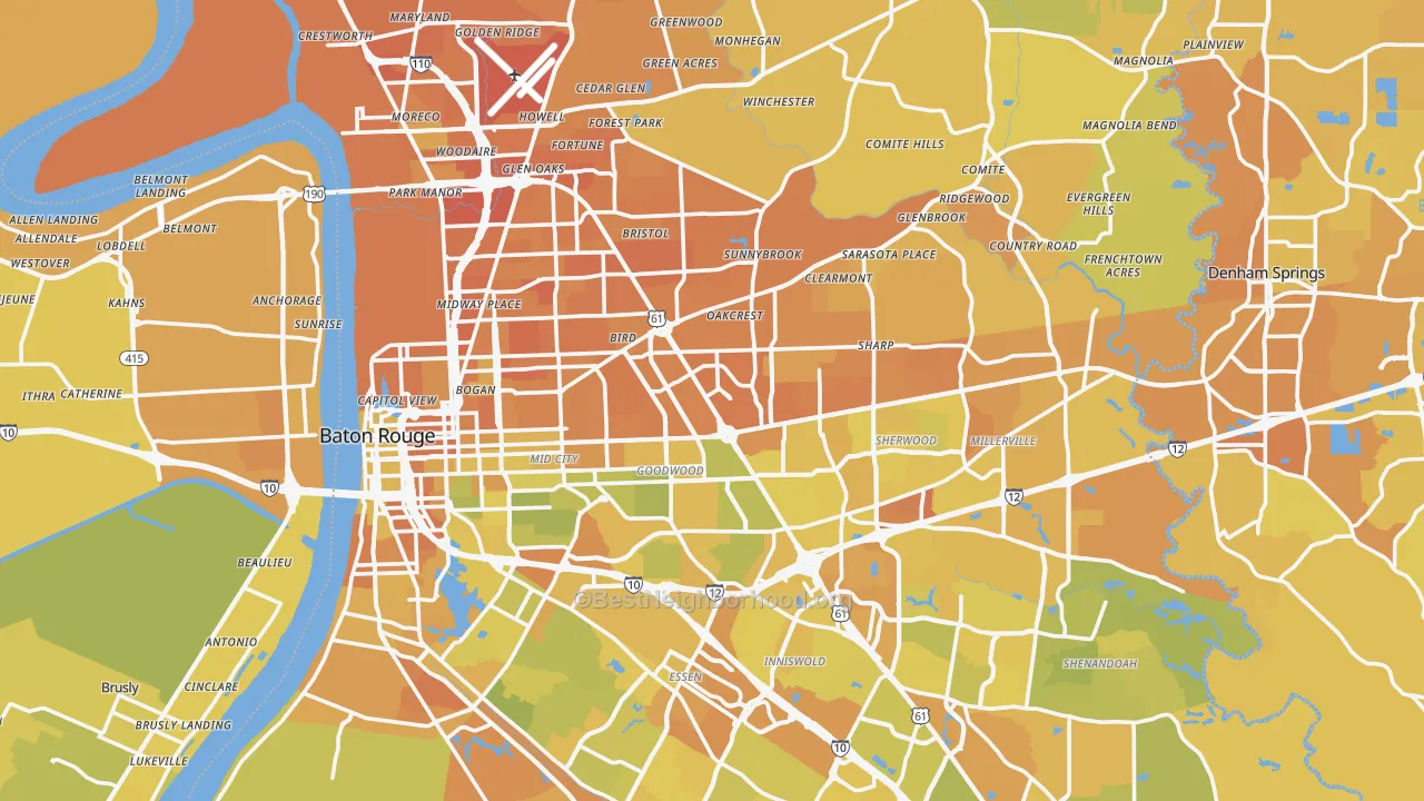Map of the best neighborhoods in the East Baton Rouge Parish area, with better matches in green and worse matches in red