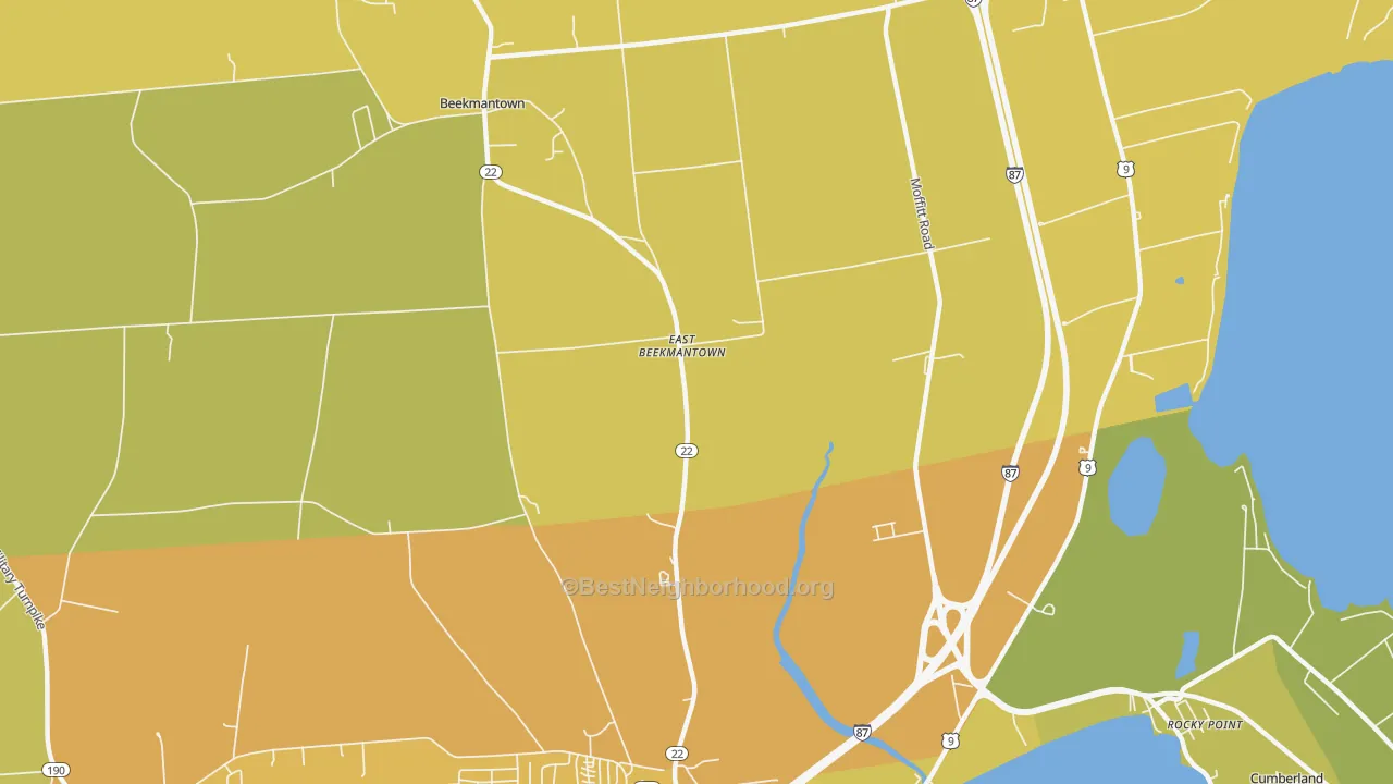 Map of the best neighborhoods in the East Beekmantown area, with better matches in green and worse matches in red