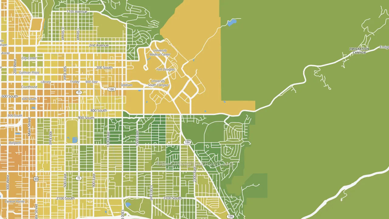 Map of the best neighborhoods in the East Bench, Salt Lake City area, with better matches in green and worse matches in red