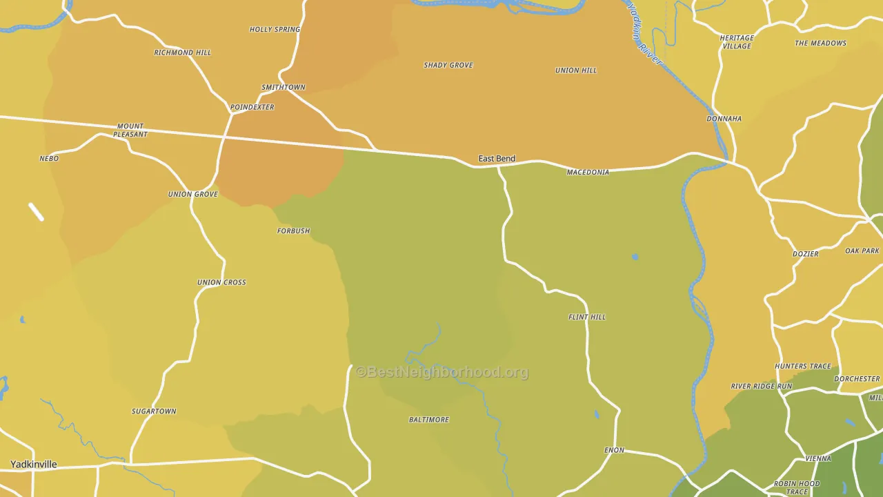 Map of the best neighborhoods in the East Bend area, with better matches in green and worse matches in red