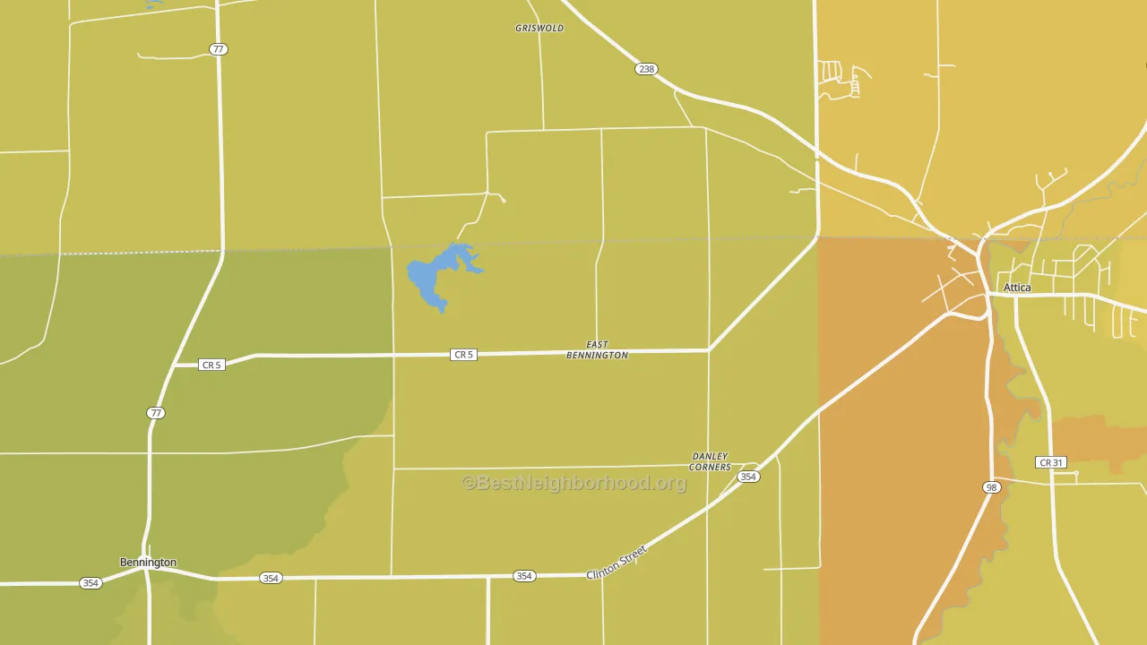 Map of the best neighborhoods in the East Bennington area, with better matches in green and worse matches in red