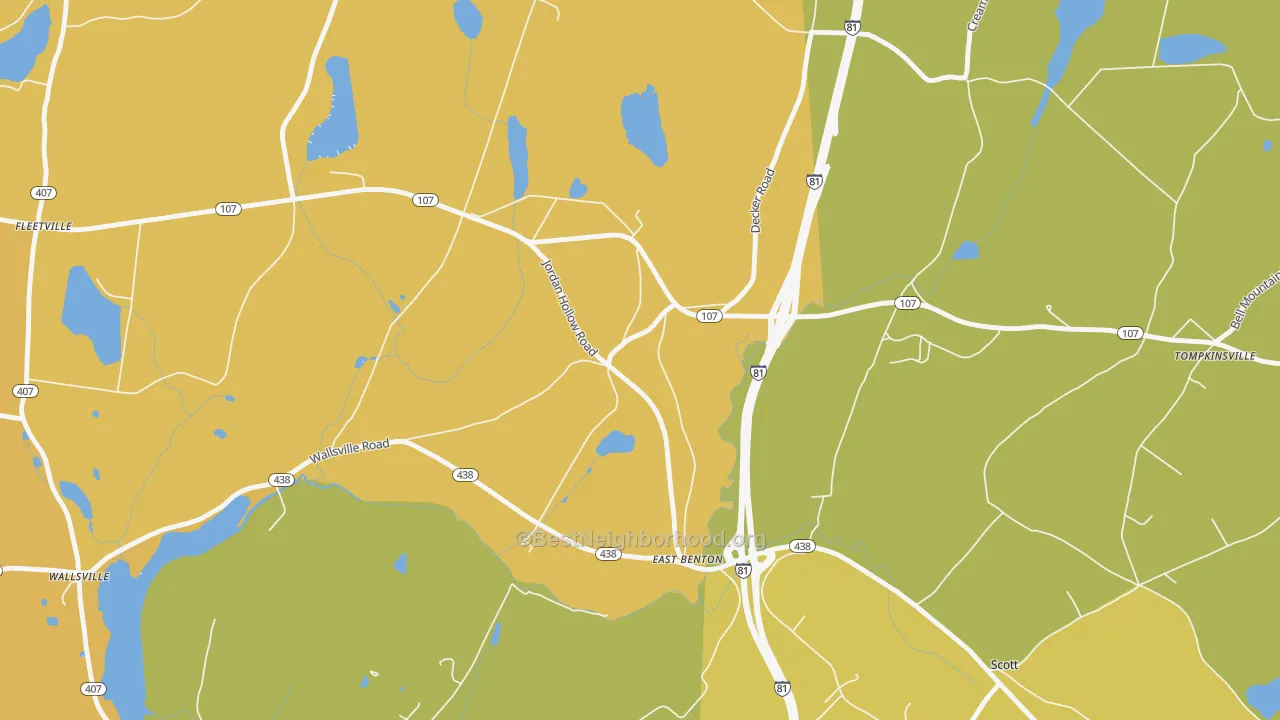 Map of the best neighborhoods in the East Benton area, with better matches in green and worse matches in red