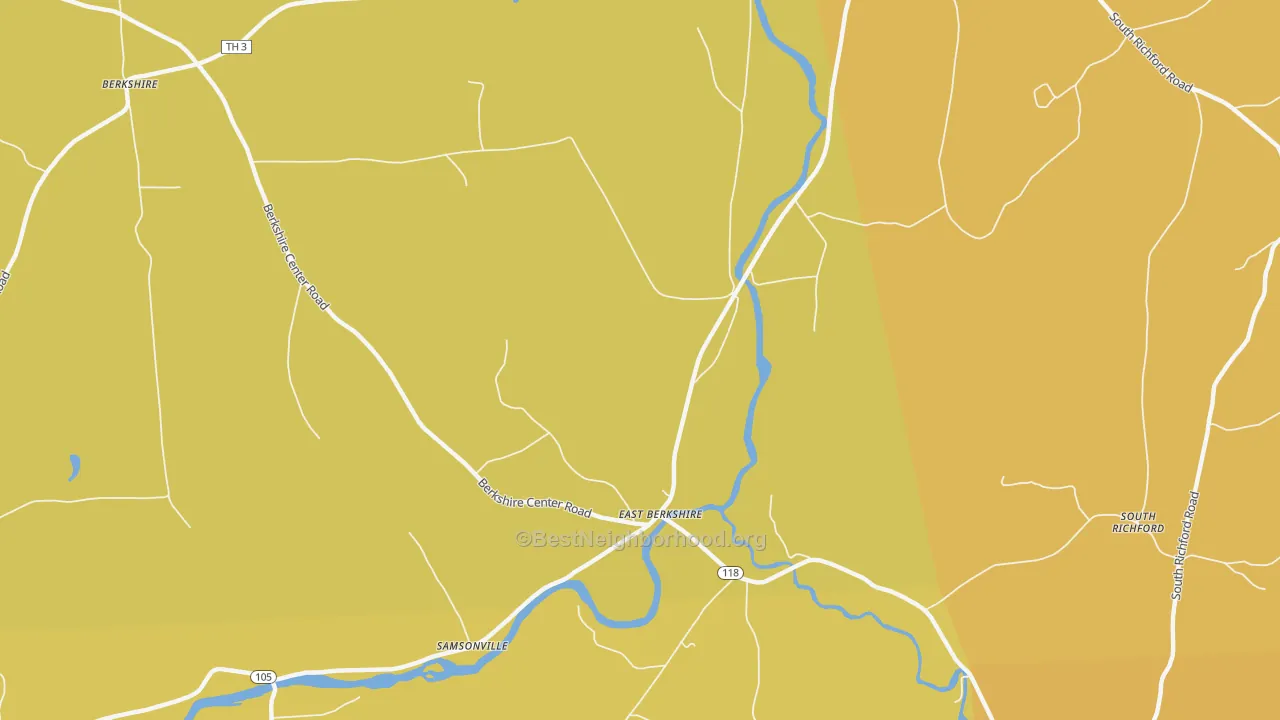 Map of the best neighborhoods in the East Berkshire area, with better matches in green and worse matches in red