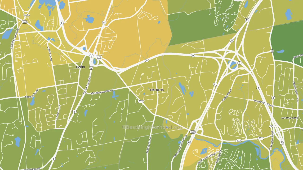 Map of the best neighborhoods in the East Berlin area, with better matches in green and worse matches in red