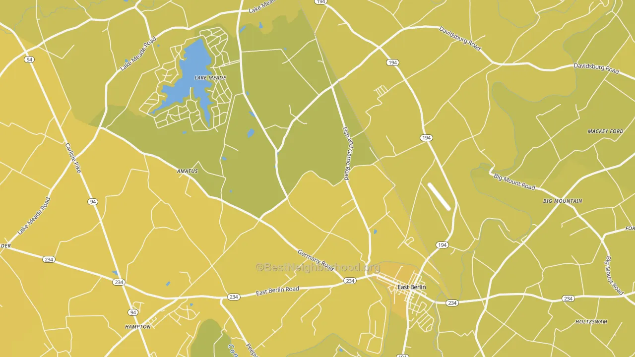Map of the best neighborhoods in the East Berlin area, with better matches in green and worse matches in red