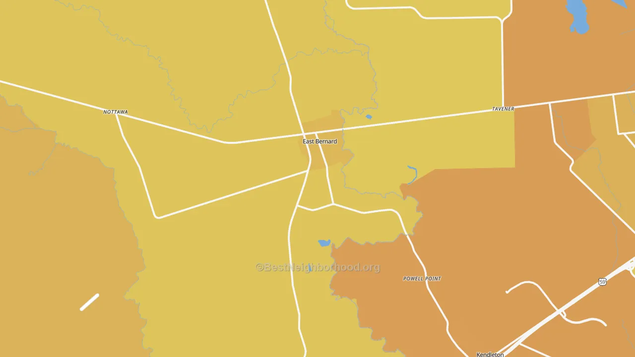 Map of the best neighborhoods in the East Bernard area, with better matches in green and worse matches in red