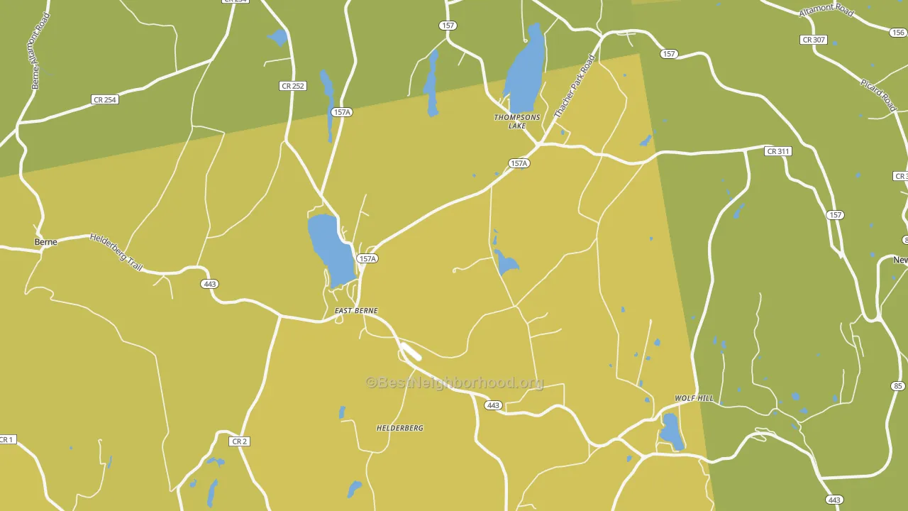 Map of the best neighborhoods in the East Berne area, with better matches in green and worse matches in red