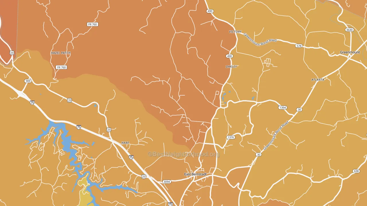 Map of the best neighborhoods in the East Bernstadt area, with better matches in green and worse matches in red