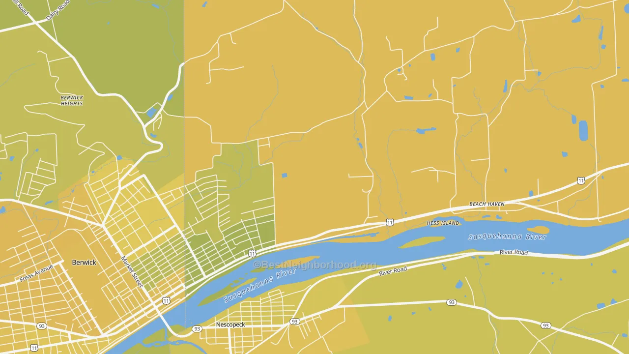 Map of the best neighborhoods in the East Berwick area, with better matches in green and worse matches in red